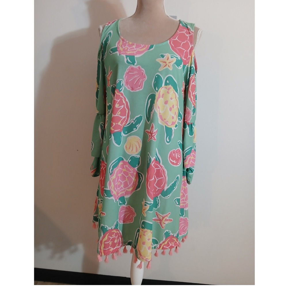 Simply Southern Medium Sea Turtle Cold Shoulder Tassel Dress Green Pink